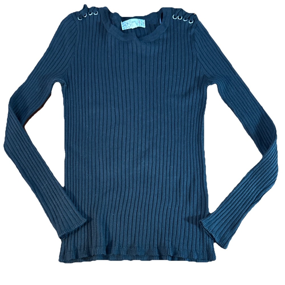 Pink Republic Women's L Black Ribbed Top Long Sleeve Lace Shoulder Detail